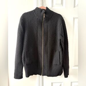Built by Wendy Black Cable Knit Virgin Wool Zip Up Sweater Jacket